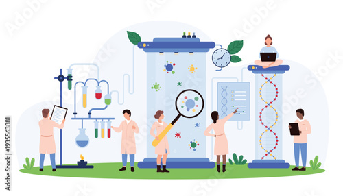 Genetic and chemical research in science laboratory. Tiny people with magnifying glass study molecule structure and DNA model, work with equipment settings for experiment cartoon vector illustration