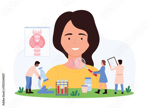 Vector illustration of tiny people examining thyroid gland health with medical equipment, emphasizing healthcare, medical research, and endocrine system management.