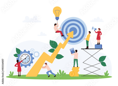 Vector illustration of tiny people working together to reach business goals with charts, graphs, and target symbols, highlighting teamwork, productivity, and success in a corporate environment.