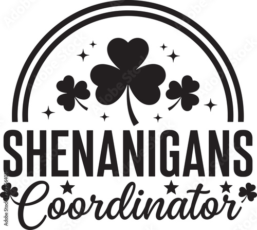 Shenanigans coordinator logo with shamrocks and rainbow  St Patricks Day celebration design element  fun and festive graphic