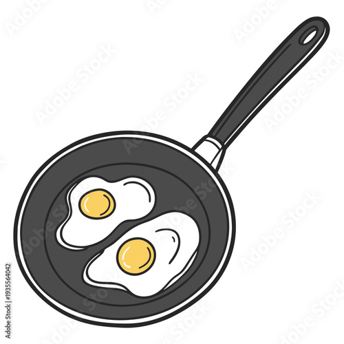A simple, top-down digital illustration of two fried eggs sunny-side up in a black frying pan.