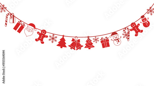 Red Christmas bunting featuring festive silhouettes like Santa, reindeer, snowflakes, and gingerbread men hanging on a string.