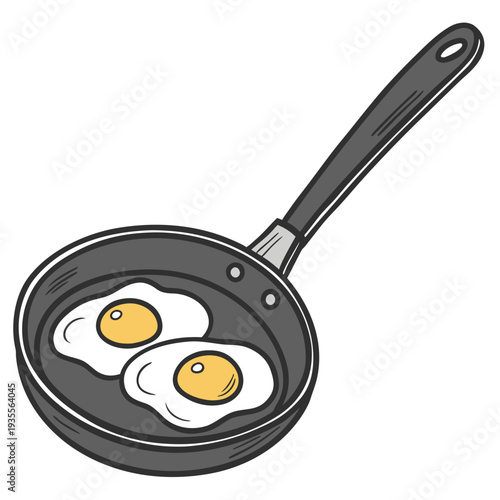 A simple cartoon-style illustration of a frying pan holding two sunny-side-up eggs, with bright yellow yolks and white egg whites side by side.