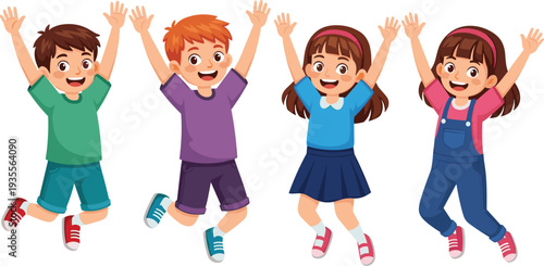 Set of four happy diverse children jumping and cheering, joyful childhood cartoon vector illustration