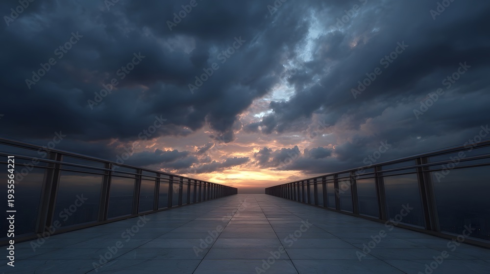 Fototapeta premium A dramatic sunset unfolds beneath a vast expanse of dark moody clouds viewed from a modern elevated walkway with sleek railings
