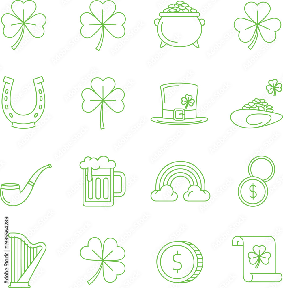 Fototapeta premium St Patricks Day icons set with shamrocks pot of gold coins rainbow harp and beer mug symbols of Irish culture and luck