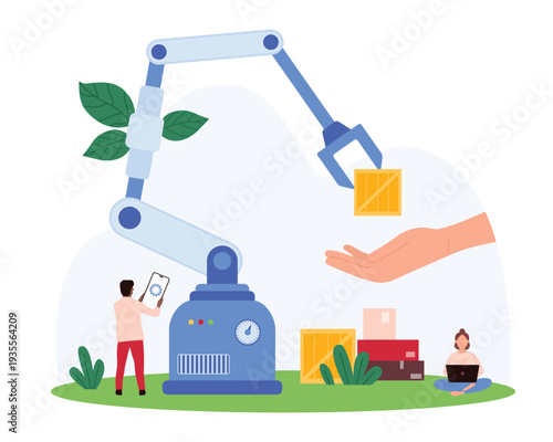 Vector illustration of tiny people utilizing robotics for warehouse automation, focusing on efficiency, logistics, and technological advancement in industrial operations.