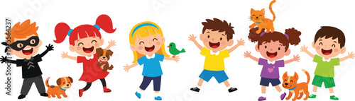 Set of happy diverse children playing with their pets including dogs, cat and bird, flat vector cartoon illustration