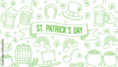 St patricks day seamless pattern with green line illustrations of beer mugs pot of gold and shamrocks on white background