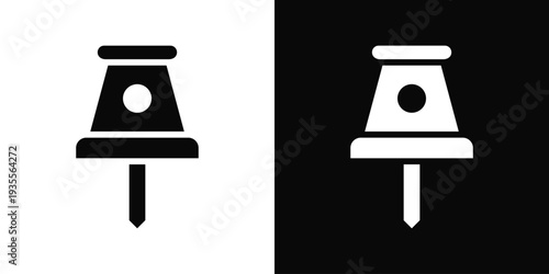 Push Pin Icon In Black And White Filled Style.