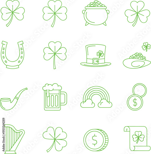 St Patricks Day icons set with shamrocks pot of gold coins rainbow harp and beer mug  symbols of Irish culture and luck