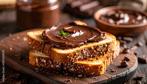 Wallpaper Mural Toast slices with creamy chocolate spread, served on wooden board Torontodigital.ca