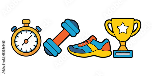 Colorful fitness including stopwatch dumbbell sneaker trophy vector illustration isolated on white background.