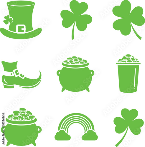 St Patricks Day icons including shamrocks pot of gold rainbow leprechaun hat and boot  symbols of Irish luck and celebration