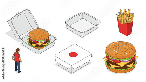 Isometric view of burger packaging including open and closed boxes, french fries, and a large delicious cheeseburger for branding.