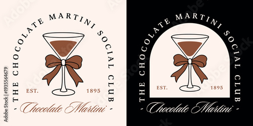 Chocolate martini cocktail lovers club logo girls night holiday party drink cacao flavor label illustration. Glass with bow black outline drawing coquette fancy girly aesthetic funny shirt design.