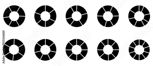 Pie Chart Black Icon Set, Segmented Circle Graph Infographic Vector Illustration