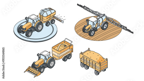 Isometric collection of modern yellow farming tractors and agricultural machinery including sprayers and trailers for field work.