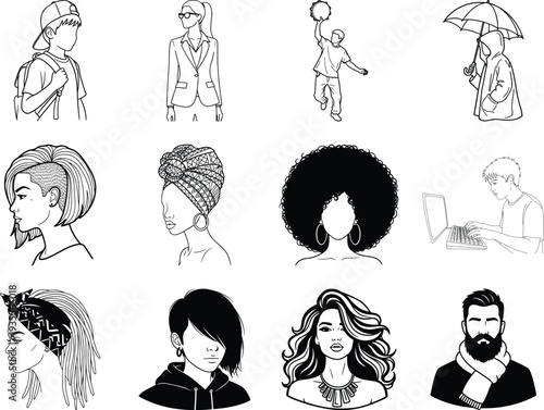 Black and white of people with various hairstyles and outfits
