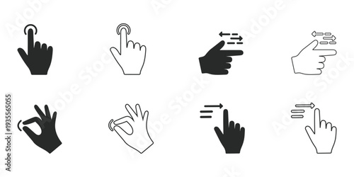 A set of hand icons illustrating various gestures and interactions for user interface design