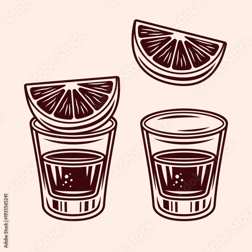 Set of tequila drink glasses and fresh lime slice vector illustration. Isolated on light background, perfect for food packaging, cocktail themes, summer promotions, restaurant menu