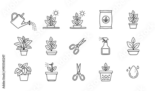 A set of minimalist line art illustrations depicting various gardening tools and potted plants on a white background