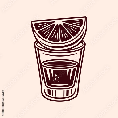 Vector illustration of tequila drink glass fresh lime slice. Isolated on light background, perfect for food packaging, cocktail themes, summer promotions, restaurant menu