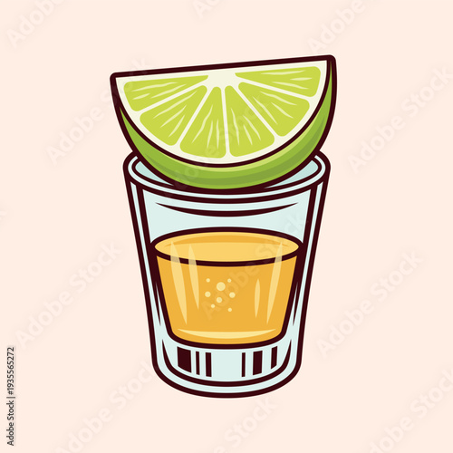 Minimalistic color vector illustration of tequila shot glass with fresh lime slices. Modern design, perfect for bar menus, cocktail themes, nightlife promotions,  and restaurant branding