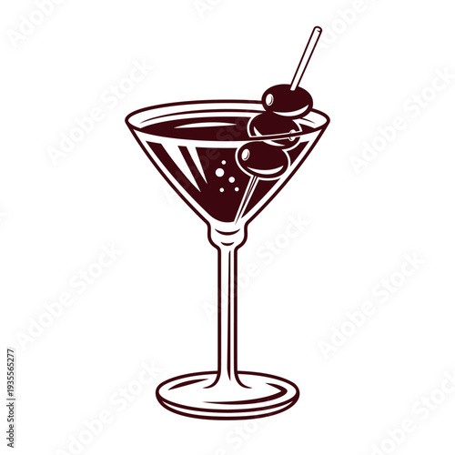 Vermouth cocktail with olives on wooden stick vector black object illustration isolated on white background