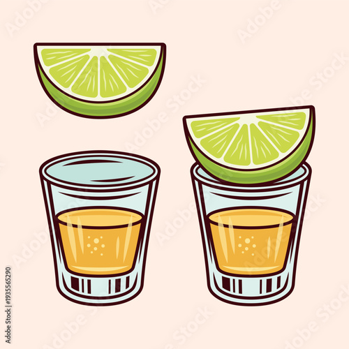 Tequila shot glass with green lime slice set of minimalistic color vector illustration. Modern design, perfect for bar menus, cocktail themes, party invitations and restaurant branding