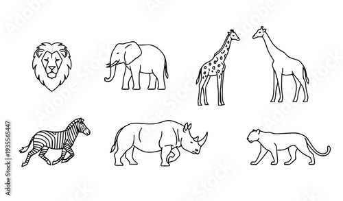 A minimalist vector graphic illustration of various wild animals in a simple line art style