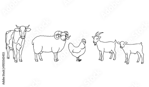 A minimalist line art illustration of farm animals including a cow, ram, chicken, goat, and lamb in a simple black and white design