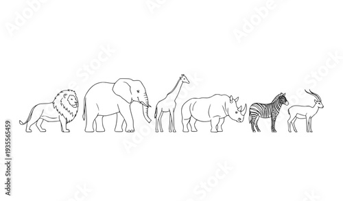 A minimalist line art illustration of a diverse group of wild animals in a horizontal row