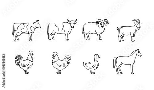 A set of farm animal icons in a minimalist line art style