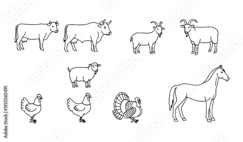 A set of simple line drawings of various farm animals in a minimalist style