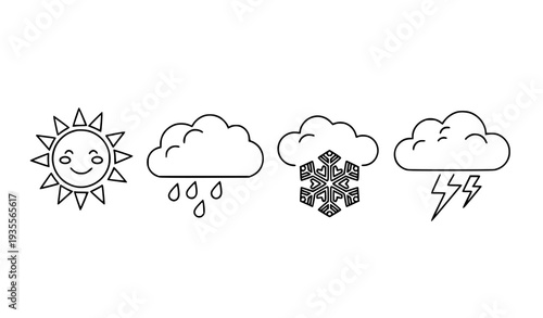 A set of four weather icons in a simple line art style