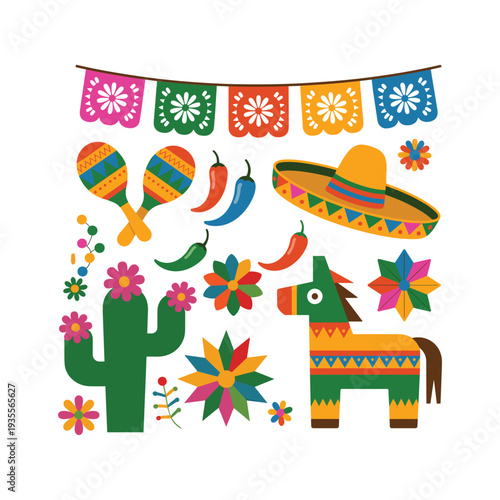 Colorful mexican fiesta with cactus flowers donkey maracas vector illustration isolated on white background.