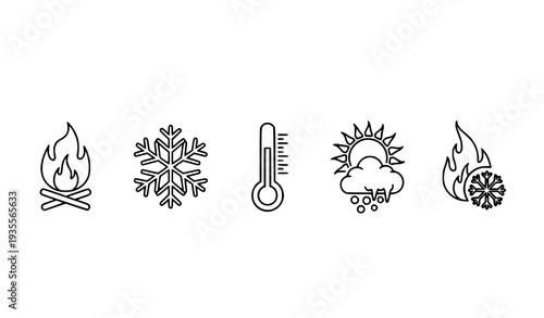 A set of weather icons including fire, snowflake, thermometer, sun, and cloud symbols in a flat minimal design style.