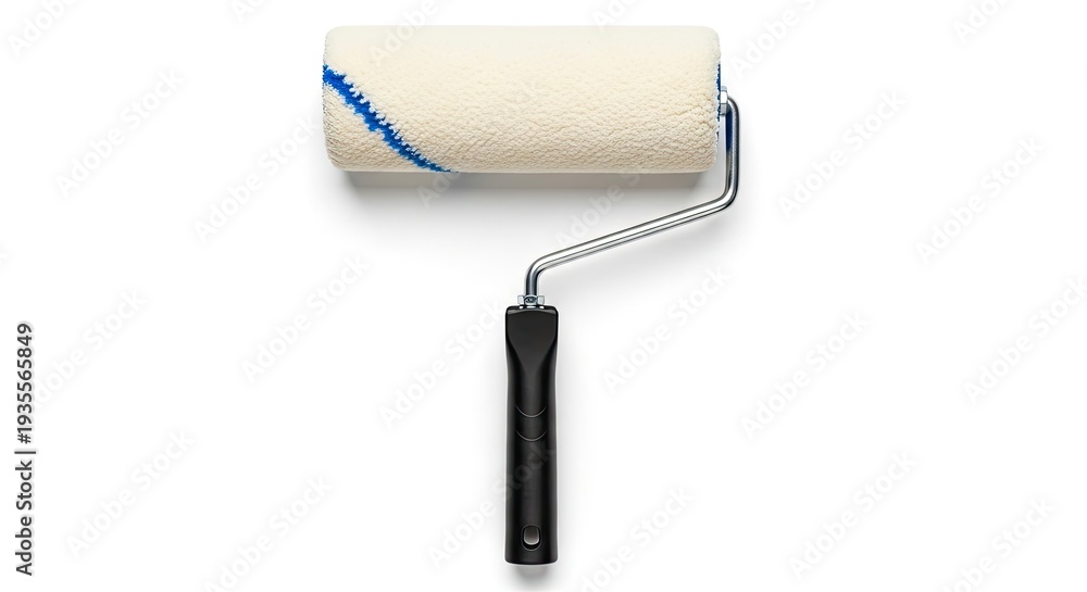 Obraz premium A paint roller rests on a white surface. The roller has a white nap and blue and white striped edge.