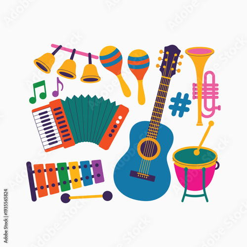 Colorful musical instruments and symbols guitar trumpet drum maracas vector illustration isolated on white background.