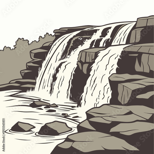 Large waterfall flowing over layered rocks with shadows