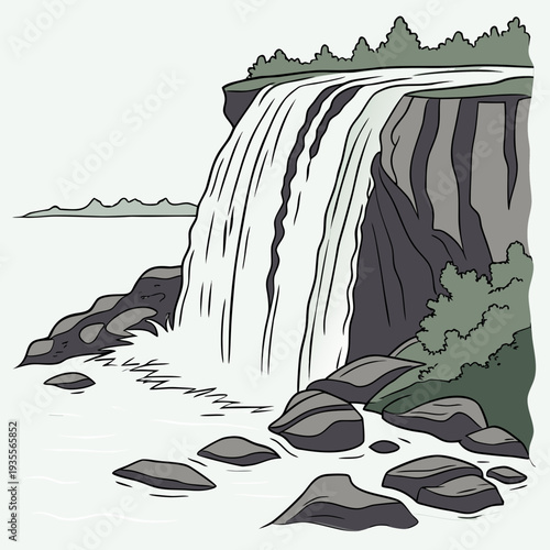 Natural waterfall pouring over rocky cliff into white water