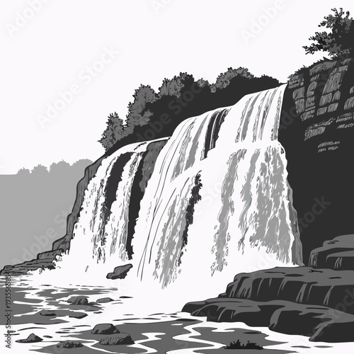 Black and white of volume waterfall flowing over layered rock with shadows