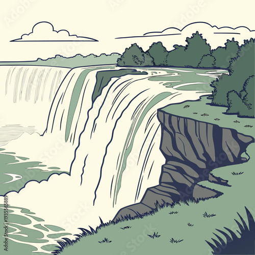 Natural waterfall with uneven cliff lip and dynamic water flow