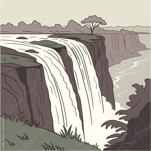 Wide cliff waterfall edge smooth water sheet