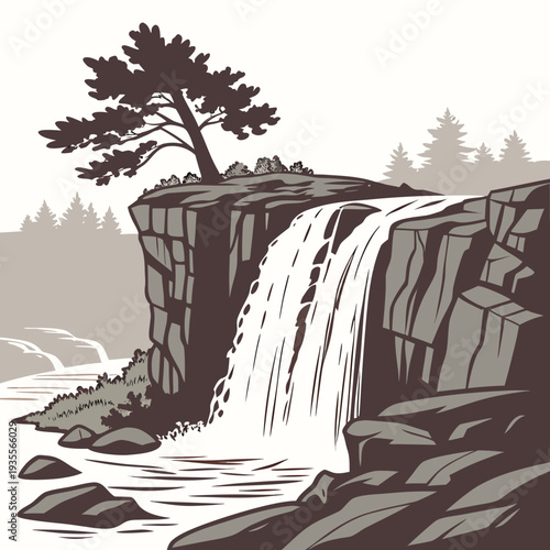 Wide cliff waterfall edge smooth water sheet tree rocks