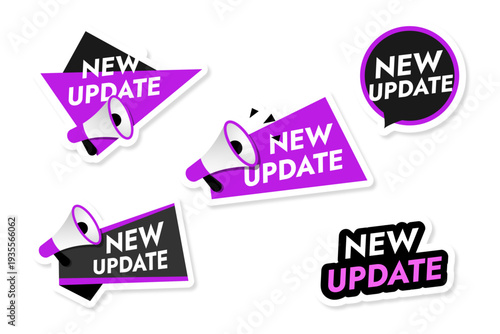 Set of bright purple stickers with megaphone new update design without background