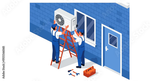 Illustration of two technicians installing an air conditioning unit on a ladder outside a blue building with tools.
