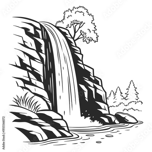 Black and white of a drop waterfall with fine mist dispersion and rocky surroundings