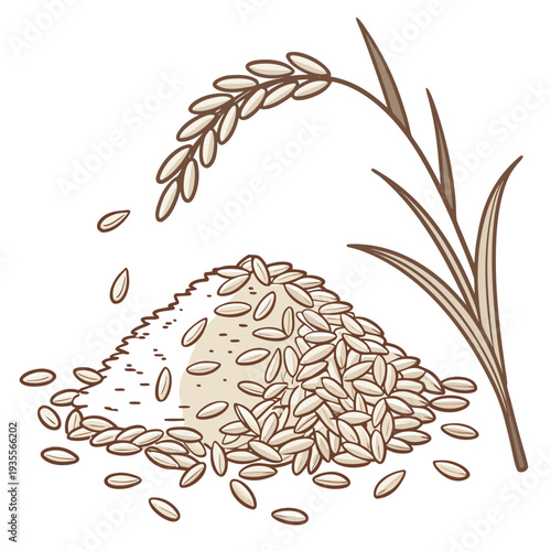 Brown rice pile with scattered grains and stalk heap